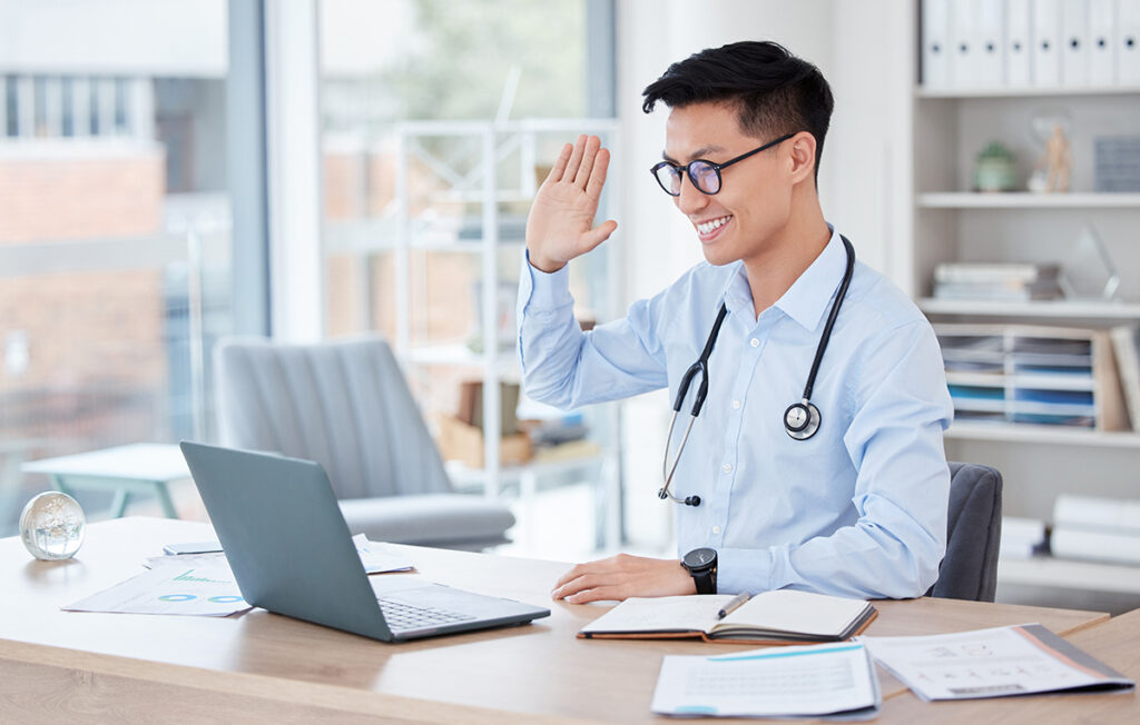 Medical, video call doctor in his office 
